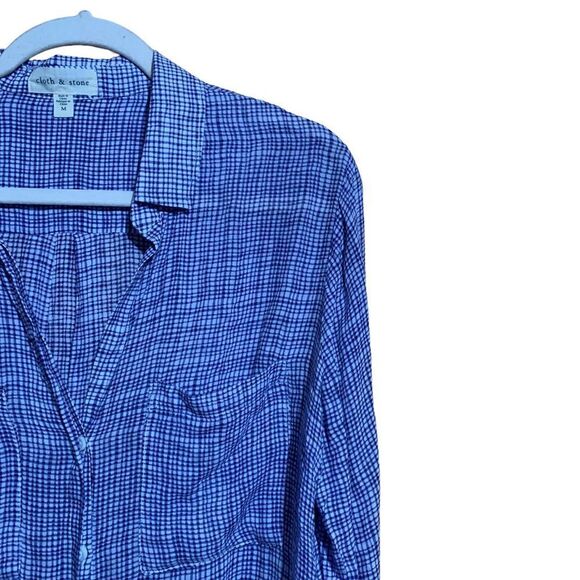 Cloth & Stone Size Medium Blue White Plaid Rayon Button Up Shirt Blouse Top - Picture 3 of 8